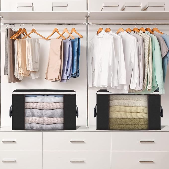 Budding Joy 90 L Large Storage Bags, 10 Pack Clothes Storage Bins Foldable Closet Organizers Storage Containers with Reinforced Handle for Clothing, Blanket, Comforters, Bed Sheets, Pillows (Black) - Image 2