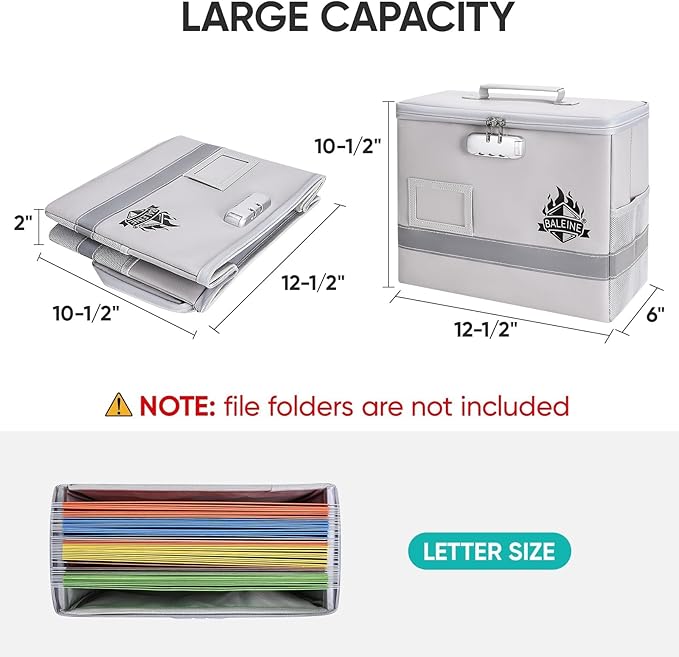BALEINE Fireproof Document Box with Lock, Portable Fireproof Document Bag Waterproof Fire Proof File Boxes for Documents, File Organizer Box for Important Paperwork (Silver, 12.5''x10.5''x6'') - Image 4