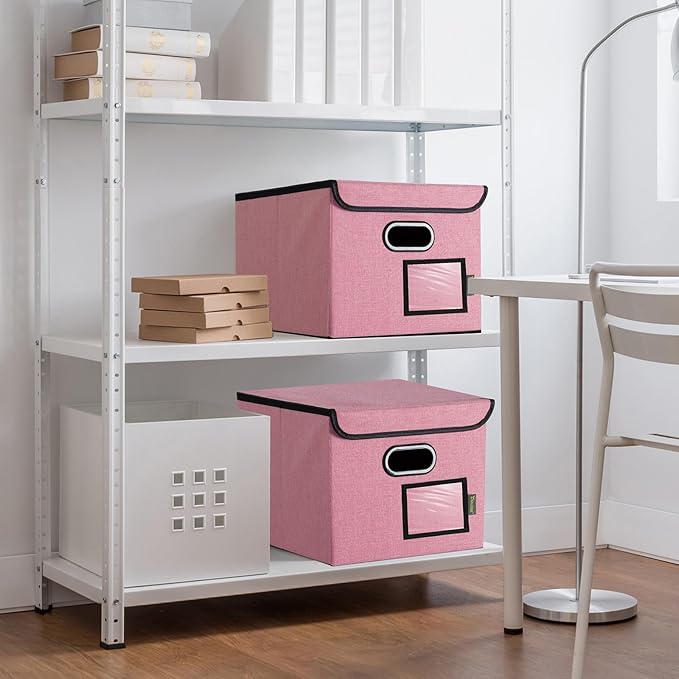 BALEINE File Organizer Box with Lid, Collapsible File Folder Organizer with Plastic Slide, Hanging File Folder Box for Office Document Storage (2 Pack, Pink) - Image 9
