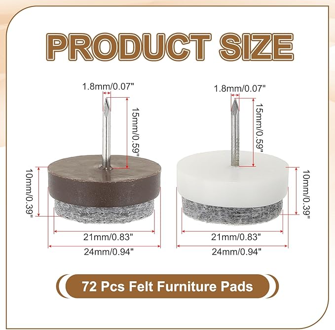 PATIKIL 24 mm Nail-on Felt Pads, 72 Pcs Round Felt Furniture Sliders Pads Heavy Duty Floor Protectors for Wooden Chair Sofa Cabinet Table Leg Feet Hardwood Floors, Black/Brown/White - Image 2