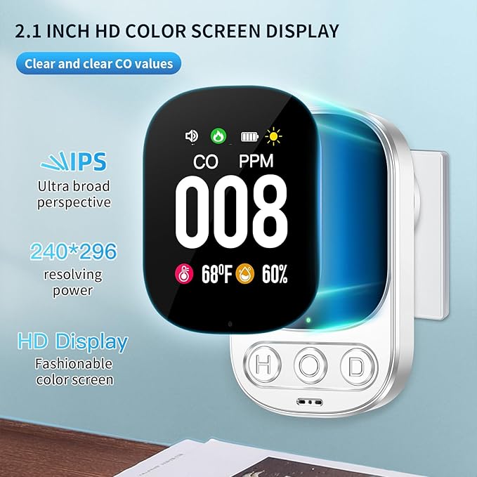 3-in-1 Plug in Carbon Monoxide Detectors Buil-it 1000 mAh Backup Battery Plug&Play with 2.1'' HD Screen [CO Temp Humidity] 85dB Alarm for Home Hotel Travel RV, HD08-B (White, 2-Pack) - Image 7