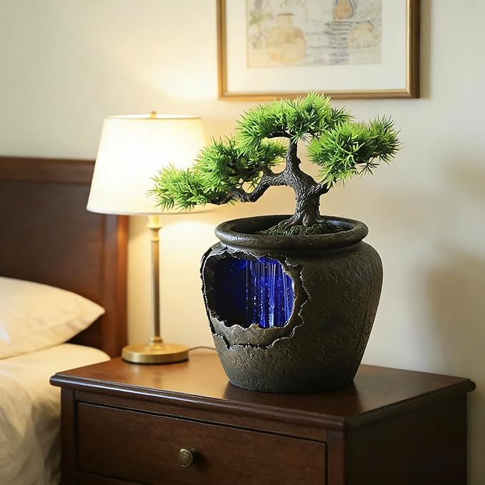 12Inch Fake Bonsai Tree Small Waterfall Fountain Indoor Tabletop Decoration with LED Lights and Water Flow, Resin Desktop Water Fountains Indoor Home Decor or Festival Birthday Surprise - Image 5