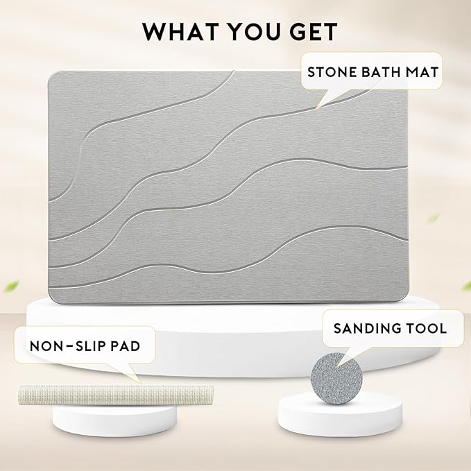 Stone Bath Mat for Shower Exit, Quick-Dry Diatomaceous Earth, New Apartment Essential & Housewarming Gift, 23.5" x 15.5" Light Gray-Wave - Image 9