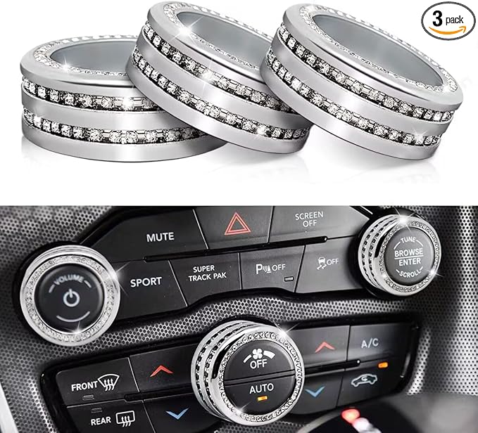 Auprite Climate Control Knob Covers for Challenger Accessories 2015-2023 2024, for Dodge Charger 2015-2023 2024, for Dodge Chrysler 300/300s 2015-2024,3Pcs Kit (Bling Silver) by Auprite