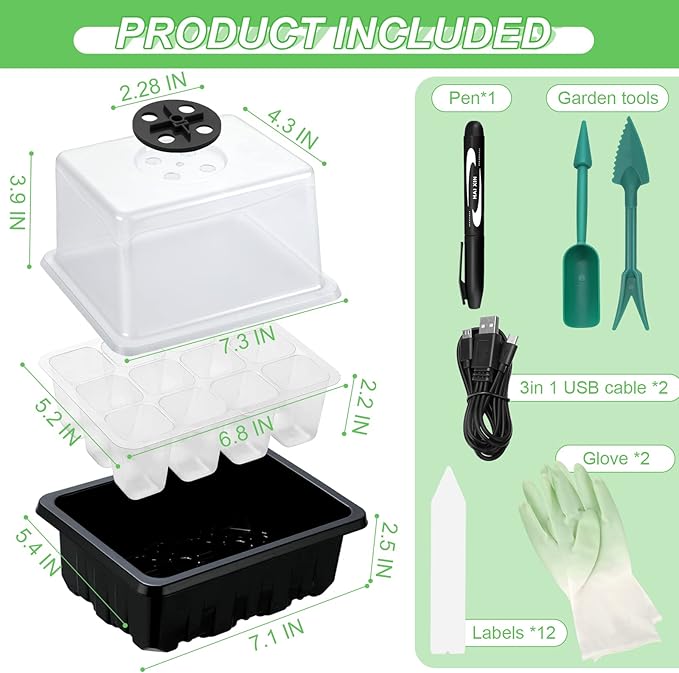 Lunies 6 Packs Seed Starter Trays with Grow Light, Seeding Starter Tray with Adjustable Humidity Dome, Base Indoor Greenhouse Germination Kit for Seed Growing Starting(12 Cells per Tray, Black) - Image 7