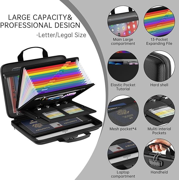Fireproof File Organizer,Fireproof Document Box with Lock,Large 13 Pocket Expanding File Folder,Hard-Shell Portable Safe Storage for Letter/Legal Document,Laptop,Valuables-Black - Image 3