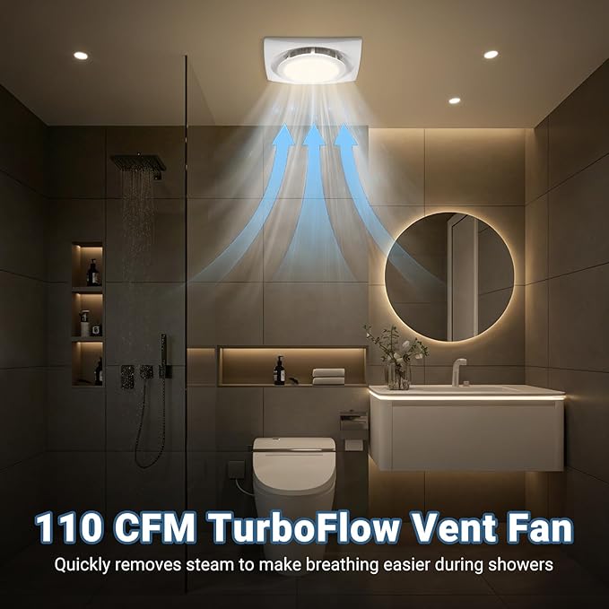 Bathroom Exhaust Fan with LED light 9.6 inch– 110 CFM, Quiet 1.0 Sones Noise Exhaust Fan for Shower, Bathroom, and Restroom, 30W Motor, 15W LED Light, Easy Installation, - Image 4