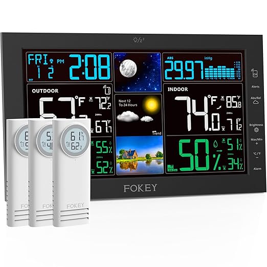 Weather Station Wireless Indoor Outdoor, Indoor Outdoor Thermometer Wireless, Home Atomic Clock Weather Stations, Temperature Humidity Barometer Inside Outside Thermometers, Black with 3 Sensors by FOKEYDIRECT