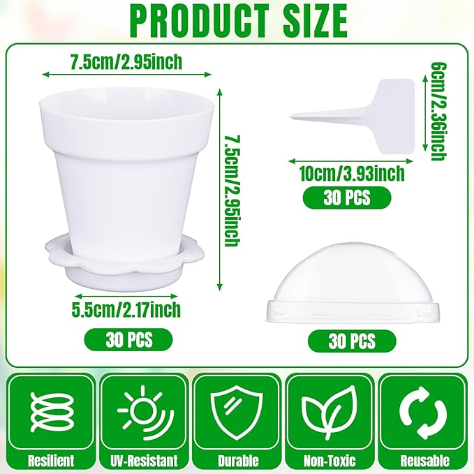 30 Pcs Plant Nursery Pots with Humidity Dome 2.95'' Small Plant Pots Plastic Gardening Container Planter Starter Seed Starting Trays for Seedlings Succulents with 30 Pcs Labels(White) - Image 2