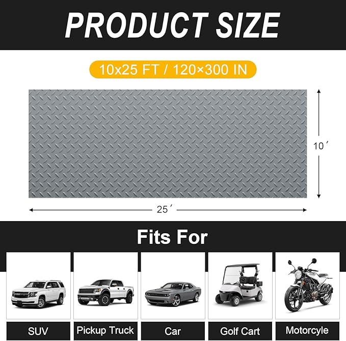 10x25 FT Garage Floor Mat, 2.8mm Thickened Flooring Roll for Under Car Diamond Plate PVC Rubber Mat with 20 Pcs Tapes, Non-Slip Floor Mat for Garage, Warehouse, Gyms, Trailer, Gray - Image 2