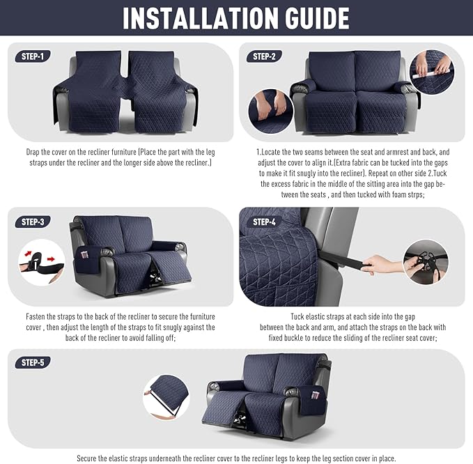 TAOCOCO 100% Waterproof Recliner Cover, Non-Slip Washable Reclining Couch Cover with Elastic Leg Straps, Furniture Protector for Dogs (Dark Blue, 2 Seater) - Image 7