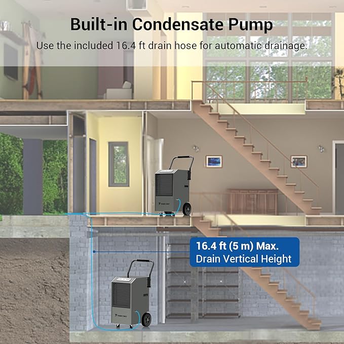 Traver Force Commercial Dehumidifier, 170 Pint Large Dehumidifier with Pump Drain Hose, Up to 7,500 sq. ft, for Crawl Space, Basement, Warehouse, Water Damage Restoration, Job Sites - Image 5