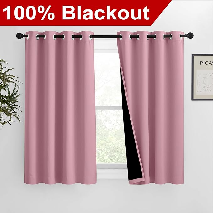 NICETOWN 100% Blackout Blinds, Set of 2, 46 inches x 45 inches, Laundry Room Decor Window Treatment Curtains for Large Patio Sliding Door, Thermal Insulated Crystal Pink Curtains for Bedroom - Image 2