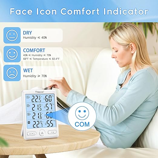 Geevon Indoor Outdoor Thermometer Wireless, 5-Inch Display Digital Hygrometer Thermometer Temperature Humidity Monitor with 3 Remote Sensors and Backlight, Battery-Powered(White) - Image 4