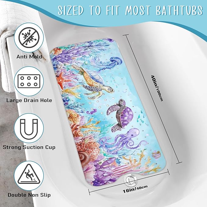 Ocean Animals Bathtub Mat Non Slip, Sea Turtle Baby Bath Mat for Tub Rubber Tub Mat, Cute Toddler Kids Bath Mats for Bathroom Anti Slip Shower Mat with Suction and Drain Holes Machine Washable,40″x16″ - Image 3