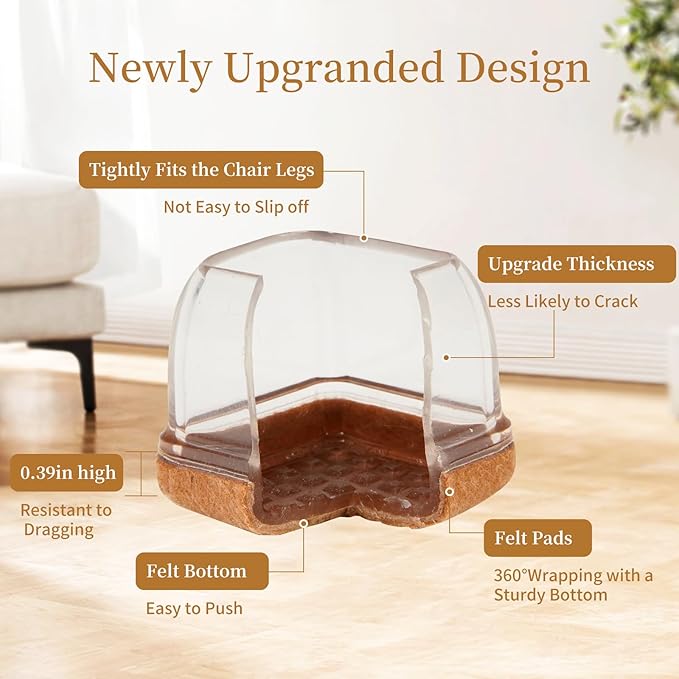 Square Chair Leg Floor Protectors Medium 24Pcs,Silicone Chair Leg Protectors for Hardwood Floors/Tiles,Clear 360°Wrapped Felt Bottom to Prevent Scratch and Reduce Noise - Image 7