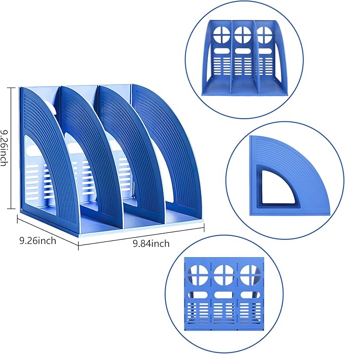 Marte Vanci Magazine File Holder Book Desktop Organizer Plastic Storage Sturdy Vertical 3 Section Folder Blue - Image 2
