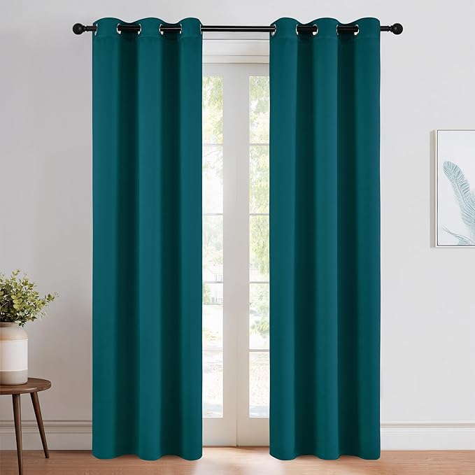 NICETOWN Teal Blackout Cafe Faux Silk Curtains for Small Windows, 42" Wide by 84" Long, 2 Panels, Grommet Thermal Insulated Blackout Satin Drapes for Bedroom by NICETOWN