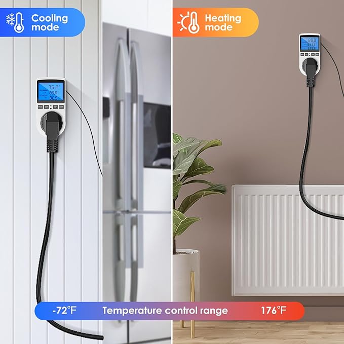 Digital Temperature Controller, 1800W 15A/120V Safe Thermostat Timer Outlet, LCD Display, Heating Cooling Control Timer Outlet Socket, Plug in Temp Controller for Fermenter, Greenhouse - Image 6
