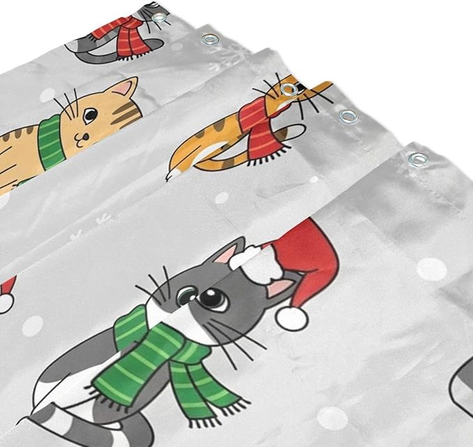 Christmas Cats Gray Shower Curtain Liner 72×72 inch for Bathroom Curtain Anti Mold Shower Curtain with Hooks Bathroom Accessories - Image 3