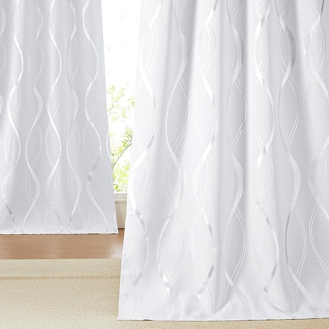NICETOWN Greyish White Room Darkening Cafe Curtain Panels, 42" Wide x 48" Long, Window Treatment Thermal Insulated Grommet Wave Line Printed Drapes for Kitchen, 2 Pieces by NICETOWN