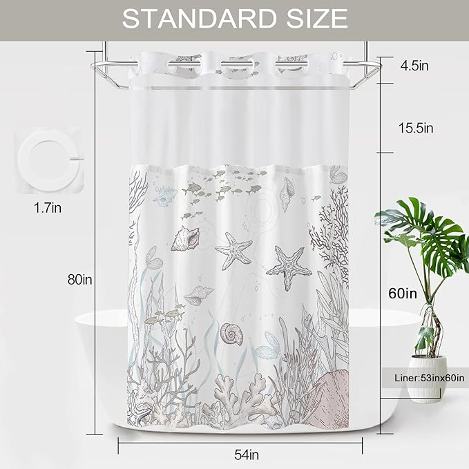 Stall No Hook Shower Curtain with Snap in Liner, Beach Ocean Nautical Coastal Shower Curtains and Liner Set for Bathroom, Seashell Fabric Bath Curtain, Waterproof Washable, Brown 54" x 80" - Image 6