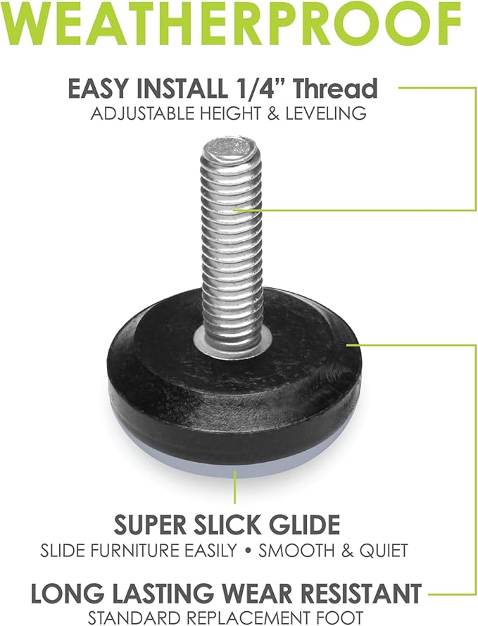 Slipstick Gorilla Outdoor Adjustable Furniture Levelers (8 Pack) Weatherproof Screw in Leg Glides for Chairs, Tables, and Outdoor Furniture Feet, 1-1/8 Inch Slider Glide, 1/4"-20 BSW Thread - Image 2