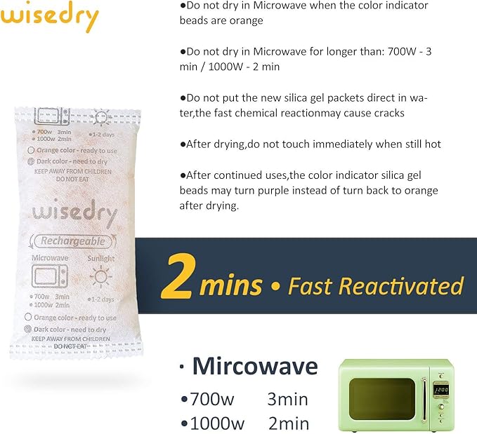 wisedry 50 Gram [10 Packs] Silica Gel Packets Microwave Fast Reactivate Desiccan Packs with Indicating Beads - Image 10