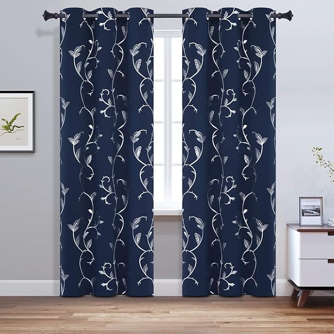 BUHUA Navy Blue Blackout Curtain Panels Grommet 84 Inch Length Print Window Blackout Curtains for Living Room 38W×84L Navy Blue 2 Drapes - Image 2