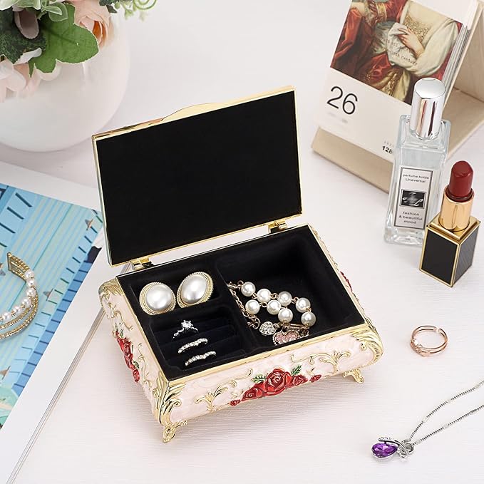 Hipiwe Metal Decorative Jewelry Box Vintage Treasure Chest Case Ornate Trinket Organizer Earrings Necklace Bracelet Storage Box Ring Holder Keepsake Box for Women - Image 3