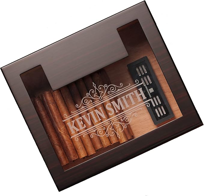 Woodronic Monogrammed Cigar Humidor for 50 Cigars, Custom Cigar Box with Digital Hygrometer, Humidifier, Spanish Cedar Lining and Divider, Cigar Cutter, Ashtray, Accessory Gift for Fathers by Woodronic
