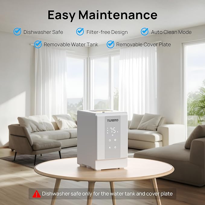 TURBRO 4L/1Gal 304 Stainless Steel Steam Humidifier, Warm Mist Humidifier for Bedroom Baby Nursery, 500 mL/h Output, Dishwasher Safe, Easy to Clean, ETL-certified Sleep Mode 1-12h Timer, GLS04 - Image 4