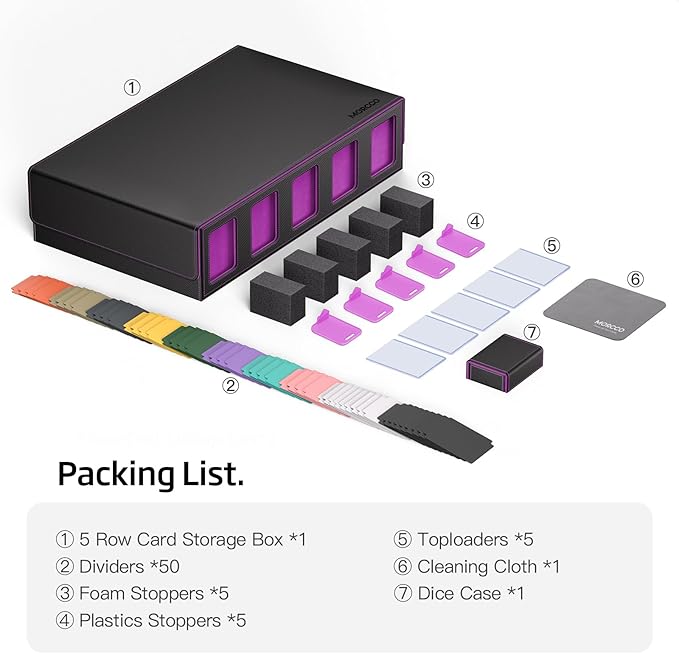 Trading Card Storage Box 5-Row 3900+ Capacity,TCG MTG Card Case with Magnetic Lid & Commander Display,Top Loader Storage for Sports Cards,Includes Dividers Dice Box（Black Purple） - Image 7