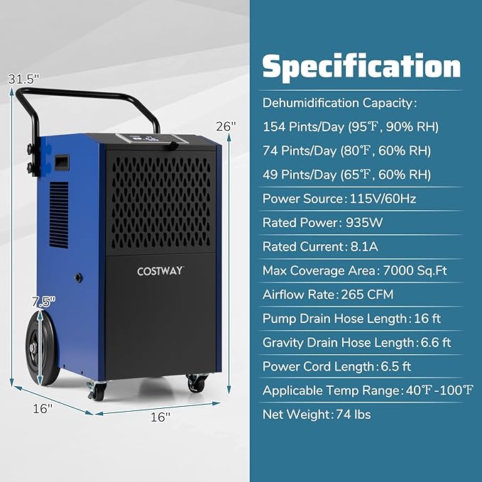 COSTWAY 154 Pints Commercial Dehumidifier with Pump, Portable Industrial Heavy Duty Large Dehumidifier with Drain Hoses for Basements, Job Sites (Navy) - Image 3