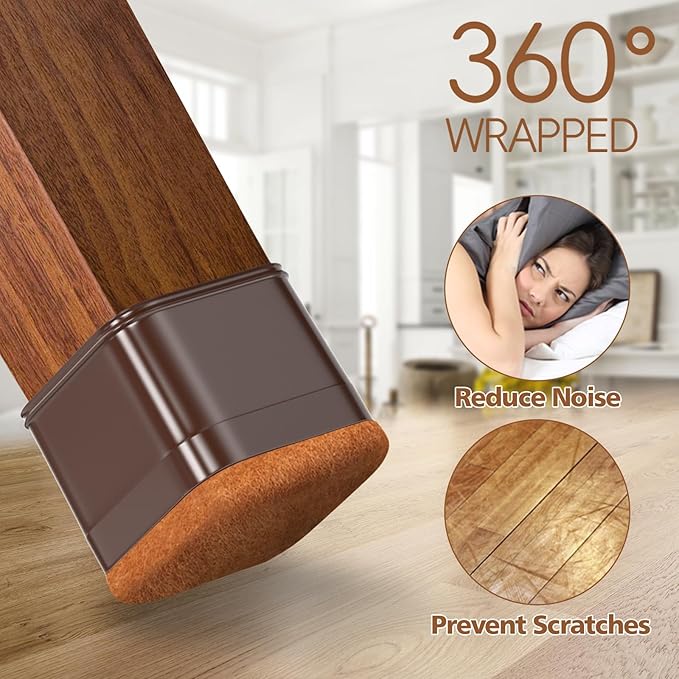 16Pcs Square Chair Leg Floor Protectors with Thickened Felt Pads Silicone Chair Leg Covers Caps to Protect Hardwood Tile Floors Furniture Feet Reduce Noise (Brown L Fit 1.14"-1.42") - Image 4