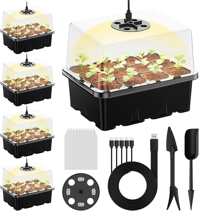 NBPLUS Seed Starter Tray with Grow Light, 5 Pack 60 Cells Seed Starter kit with Humidity Dome and Base, Plant Seedling Trays Indoor Greenhouse Gardening (Black 5 Pack) by NBPLUS