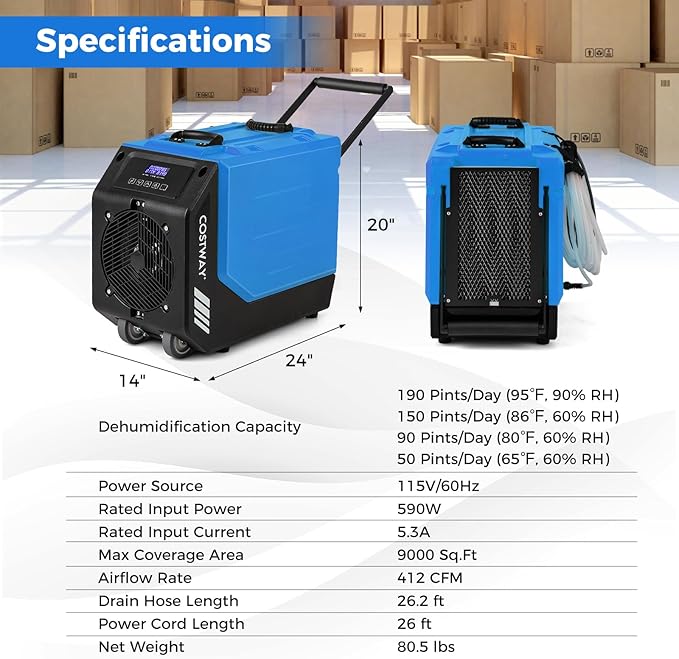 COSTWAY 190 PPD Commercial Dehumidifier with Pump, Rotational Molded Crawl Space Dehumidifier with 26Ft Drain Hose for Water Damage Restoration, Basement (Blue) - Image 8