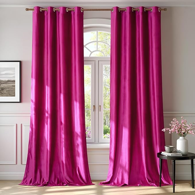BULBUL Living Room Velvet Window Curtains 96 inch Length- 2 Panels Hot Pink Blackout Window Drapes Curtain Thermal Insulated Room Darkening Decor Grommet Curtains for Bedroom by ModernShinyVelvetCurtains