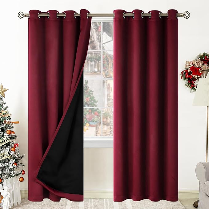 BGment Thermal Insulated 100% Blackout Curtains for Bedroom with Black Liner, Double Layer Full Room Darkening Noise Reducing Grommet Curtain (52 x 84 Inch, Burgundy Red, 2 Panels) by BGment