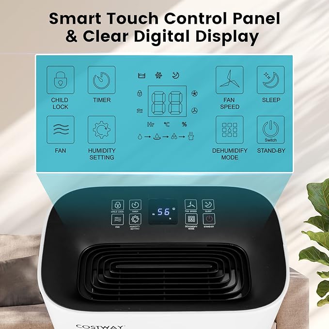 COSTWAY 73 Pint Dehumidifier for Basement, 4500 Sq. Ft Home Dehumidifier with 5 Modes, 3-Color Indicator Light, 1.7 Gallon Water Tank - Image 7