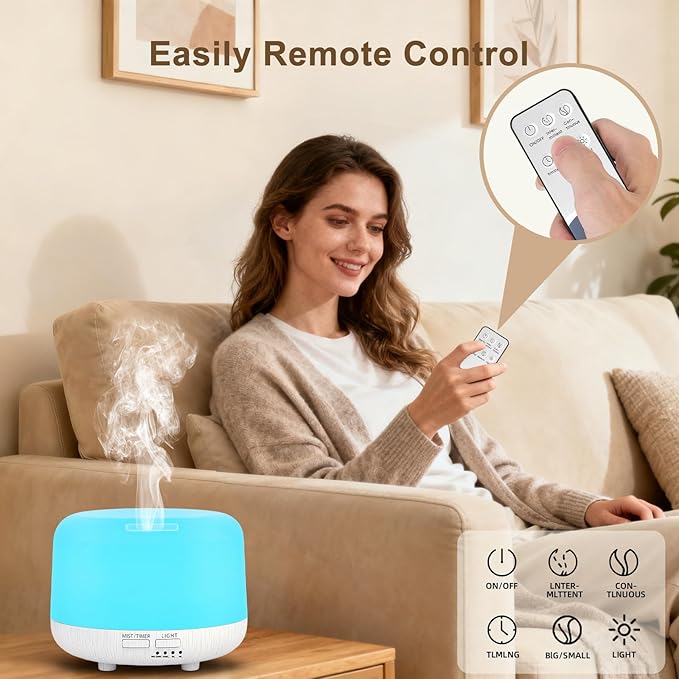 Aromatherapy Diffuser, 300ML Remote Control Essential Oil Diffusers, White Wood Grain Humidifier with 8 Colors Light 4 Timer Mode, Ultrasonic Scent Diffuser for Home, Office - Image 3