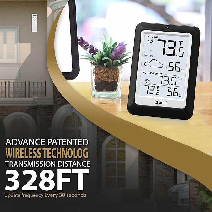 Indoor Outdoor Thermometer Hygrometer Wireless Weather Station, Temperature Humidity Monitor Battery Powered Inside Outside Thermometers with 330ft Range Remote Sensor(Black) - Image 2
