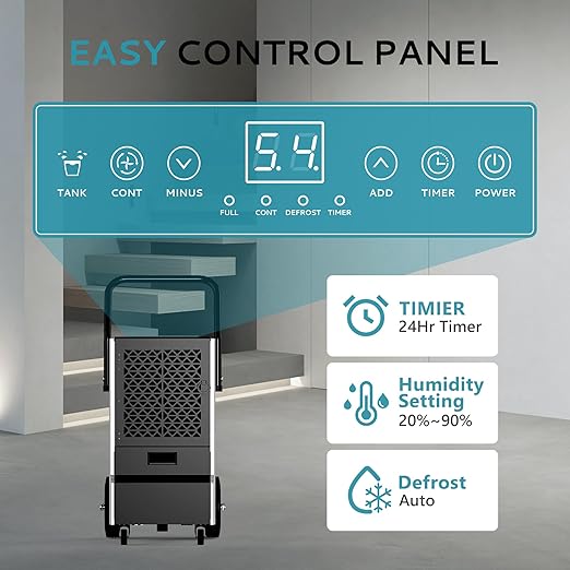 EUHOMY 160 Pints Commercial Dehumidifier for Basement,Large Dehumidifier for Basement With Drain Hose,Timer and 4 Wheels,Industrial Dehumidifiers for Flood Repair,Drying Basement,Warehouse and Factory - Image 3