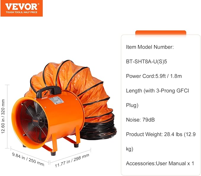 VEVOR Air Mover Blower Fan 8 Inch, 1070CFM 195W with 16.4ft Flexible Duct, Industrial Portable Ventilator Blower/Exhaust, Orange - Image 7