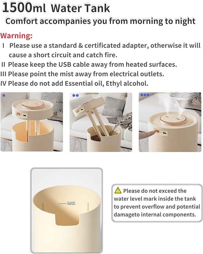 Portable Small Humidifier, 1500ml Small Humidifiers for Bedroom Baby, 1800mAh USB Personal Desktop Portable Humidifiers for Travel,Office, Car, Home, Auto Shut-Off, 3 Mist Modes, Super Quiet - Image 5
