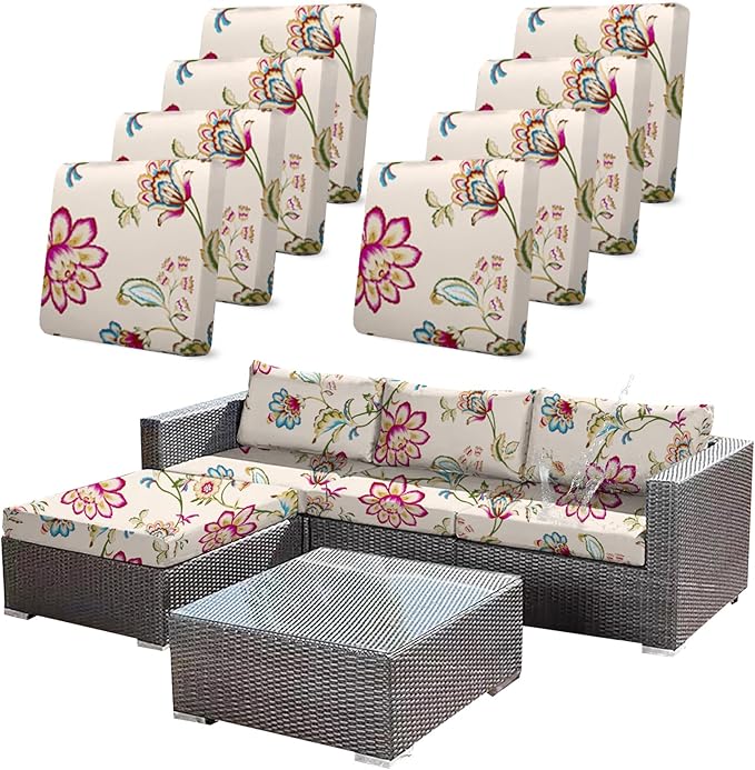 8pcs Single Seat Floral Print Outdoor Couch Cover, Waterproof Elastic Removable Half-Wrapped Sofa Seat Cushion, Suitable for Patio, Terrace, Garden Sofa Cushion by CALBODE