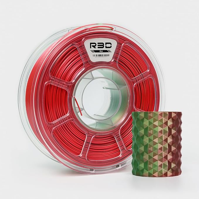 R3D Dual Color Silk PLA Filament, Co-Extrusion 3D Printer Filament 1.75mm, 30-370 mm/s High Speed PLA, Dimensional Accuracy +/- 0.02 mm, 1KG Plastic Spool (Silk Red-Green) by R3D