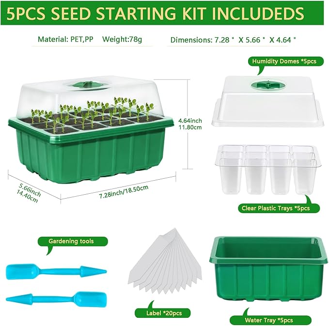 60-Cell Seed Starter Tray, 5 Pack – Cells Plant Grow Kit with Humidity-Vented Domes and Base for Organic Seed Germination, Ideal Plant Starter Kit with Labels & Transplant Tools - Image 2