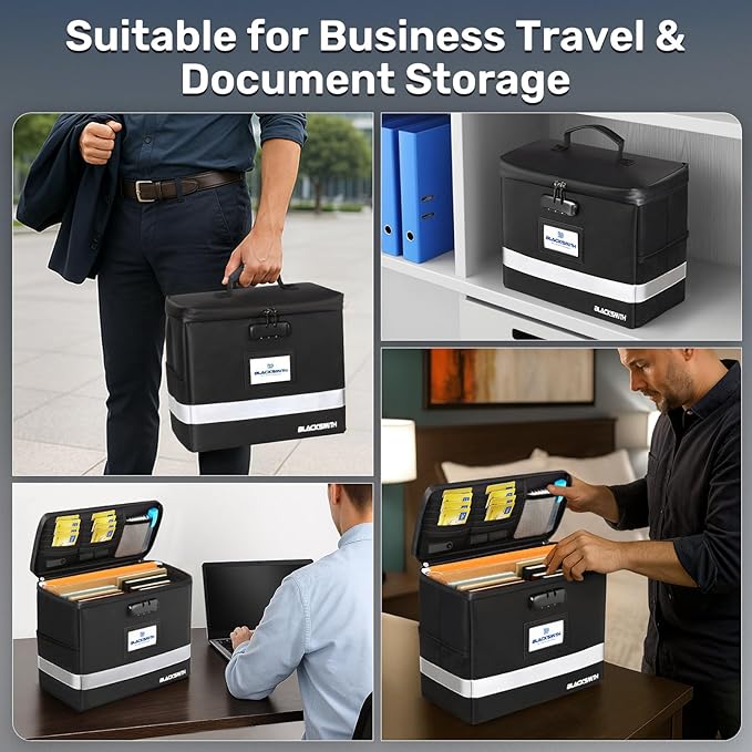 BlackSmith Fireproof Document Box With Lock, 4200°F Heat Resistant & IPX3 Waterproof Document Bag with Hanging File Organizer for Letter Size, Collapsible Portable File Safe Box for Office, Travel - Image 7