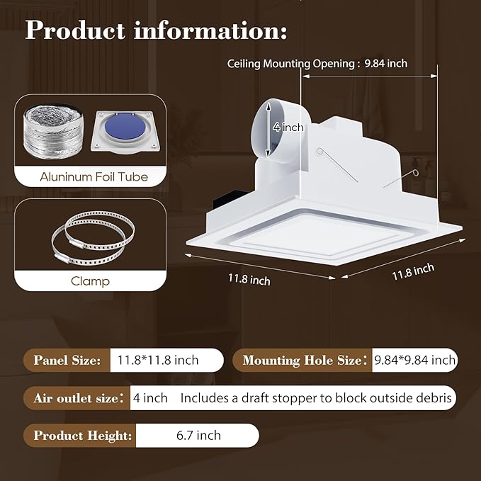 12" Ultra Quiet Bathroom Exhaust Fan with 6500K LED Light, 1.0 Sone 120 CFM, 10x10 Mount, 1500 LM Ceiling Ventilation Fan, Energy Efficient - Image 6